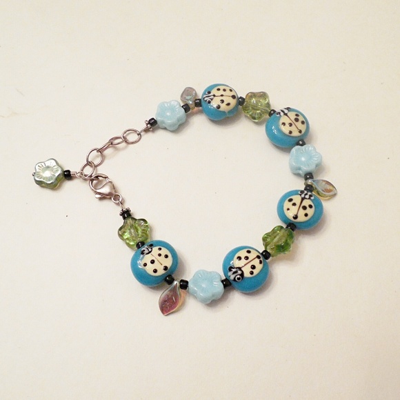 Handmade Jewelry - Sterling Silver Blue ceramic Lady bug bracelet
